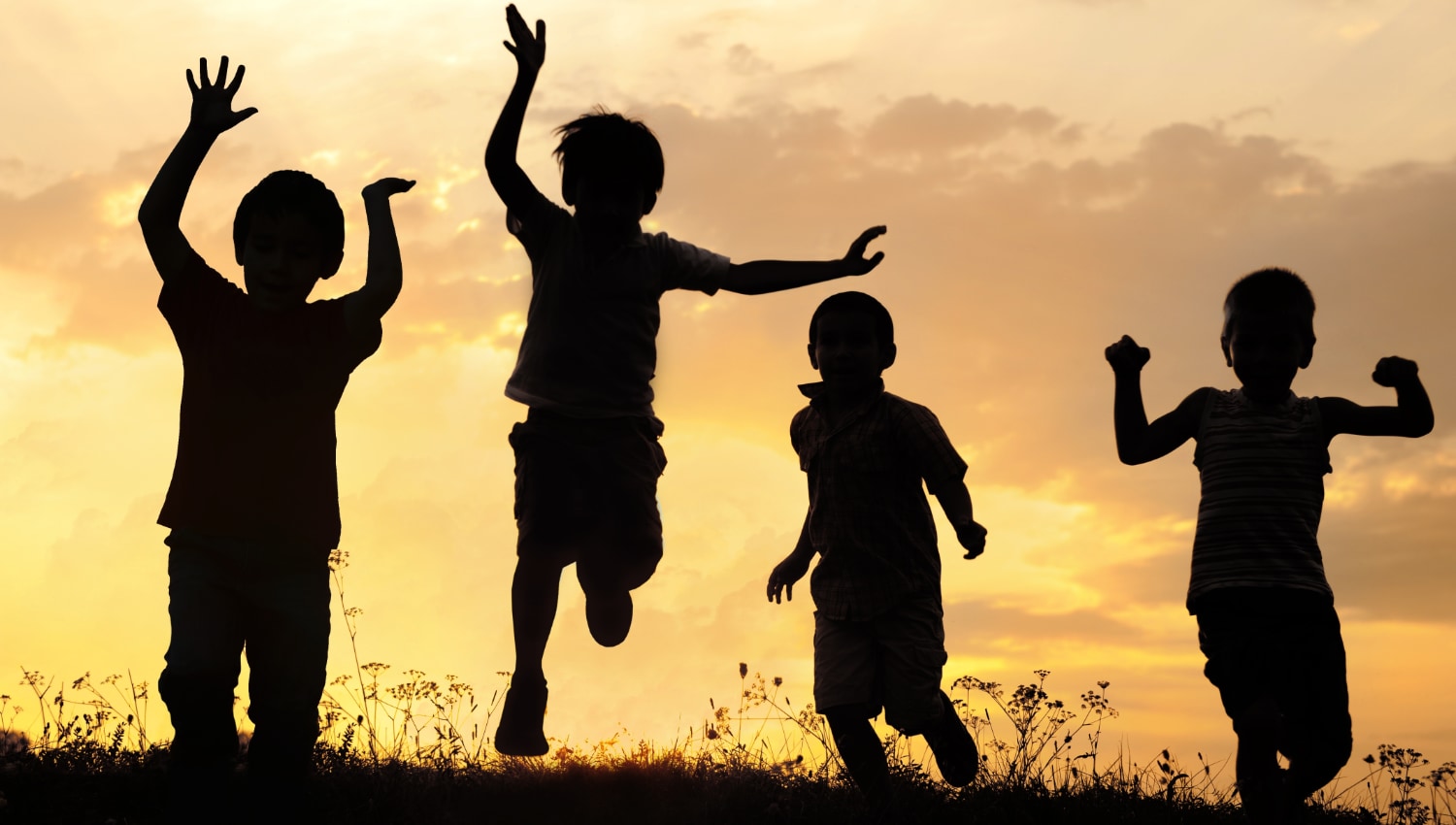 Kids playing in the evening, silhouette